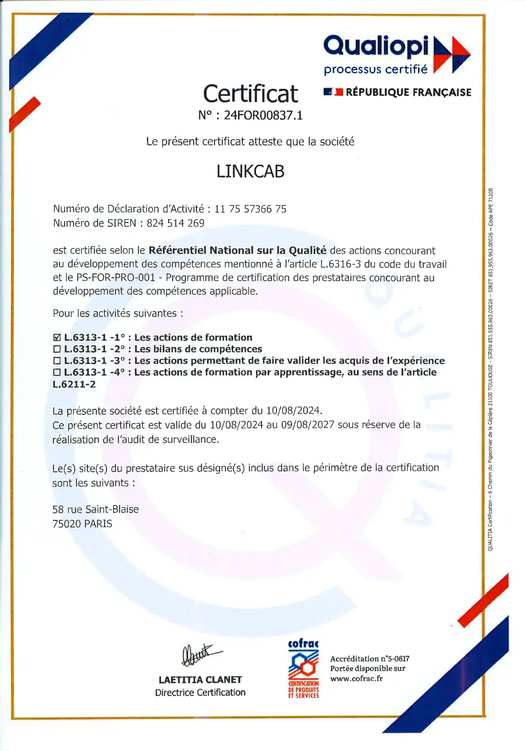 Numéro de certificat Linkcab